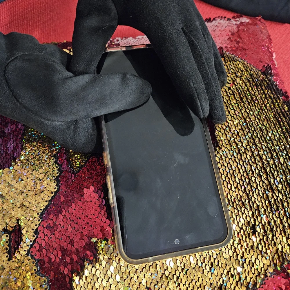 Black suede feel dressy finger gloves gathered bow at the wrist band detail